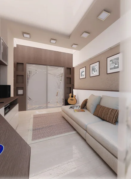 Dormitorio de hombre joven, diseño de interiores, renderizar 3D —  Fotos de Stock