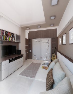 Genç adam yatak odası, iç tasarım, 3d render