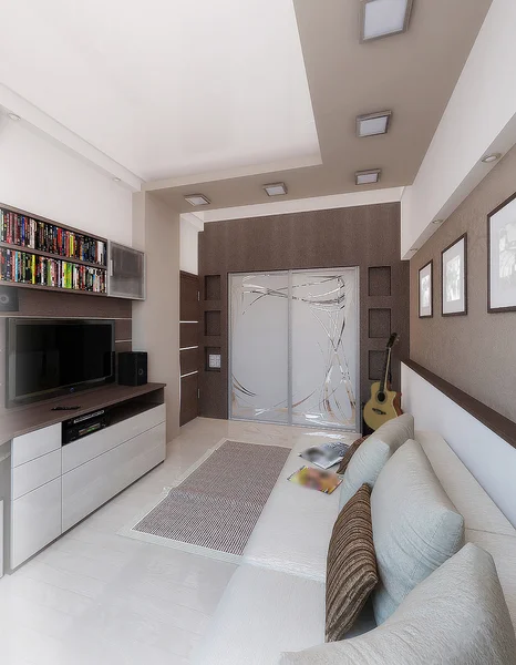 Jeune homme chambre, design d'intérieur, rendu 3D — Photo