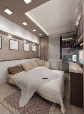 Genç adam yatak odası, iç tasarım, 3d render