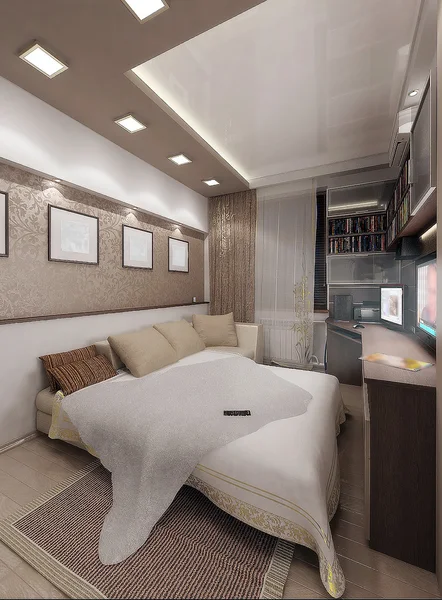 Dormitorio de hombre joven, diseño de interiores, renderizar 3D —  Fotos de Stock