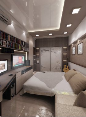 Genç adam yatak odası, iç tasarım, 3d render