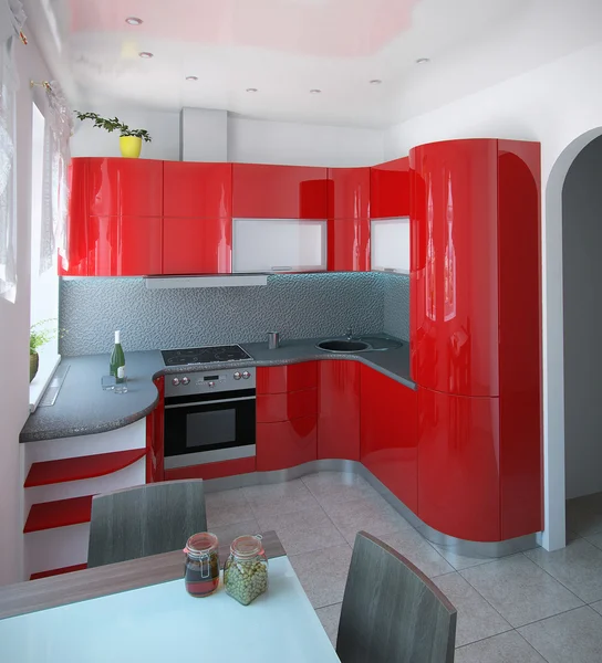 Impressionante cucina curva metà secolo accenti di colore, rendering 3D — Foto Stock