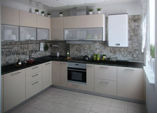 Tons conservadores interiores de cozinha moderna, renderização 3D — Fotografia de Stock