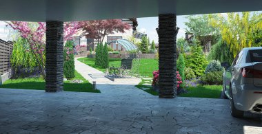 Yanları açık garaj görünümü içinde peyzaj 3d render