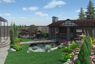 Decorative pond and garden pavilion, landscaping 3D render clipart