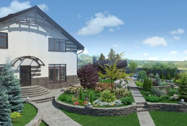 Front yard landscape design, 3D render clipart