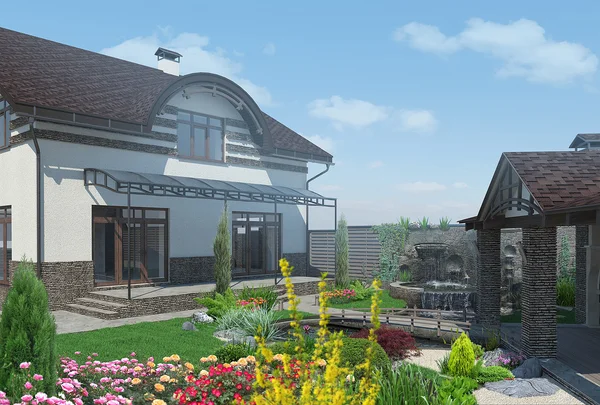 Landscaping backyard entertaining, 3D render — Stock Image Landscaping backyard entertaining, 3D render Royalty Free Stock Images