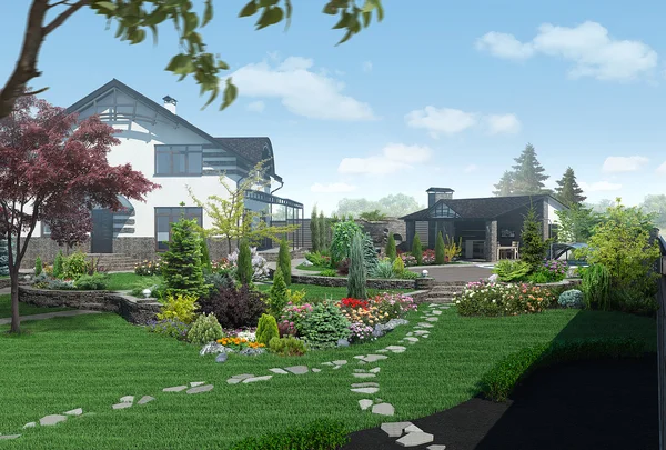 Panorama do jardim paisagístico, renderização 3D — Fotografia de Stock