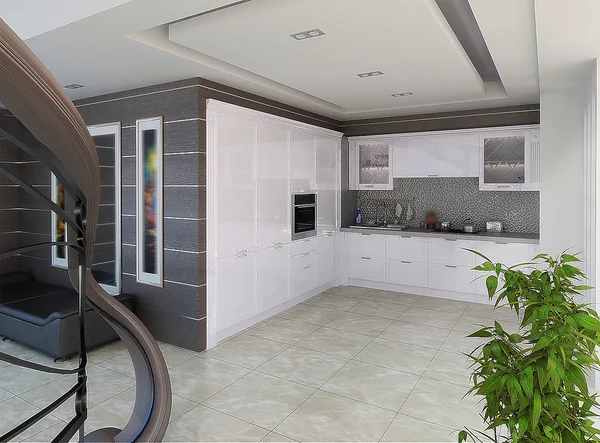 Hall and kitchen combined interior, 3d render — Stock Photo, Image