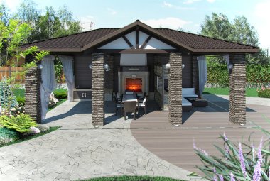 Açık veranda bahçe köşk, 3d render