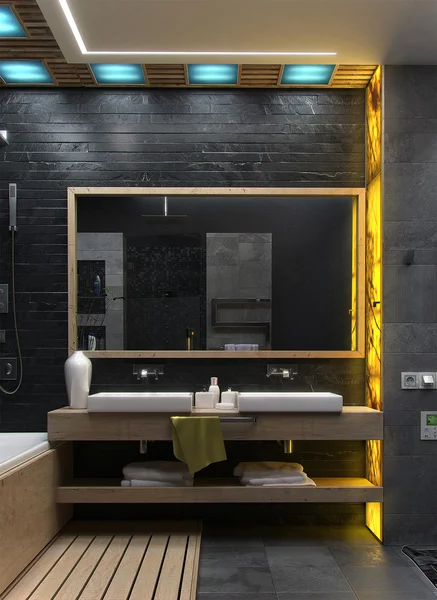 Baño minimalista diseño de interiores, renderizar 3D —  Fotos de Stock