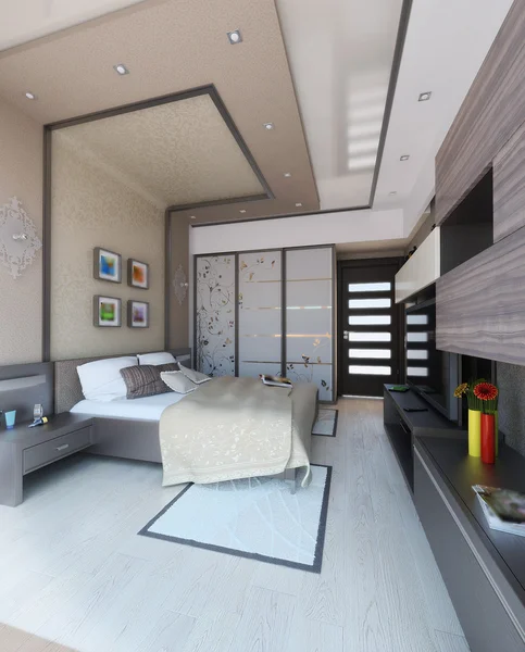 Dormitorio de diseño de interiores de estilo moderno, 3D render —  Fotos de Stock