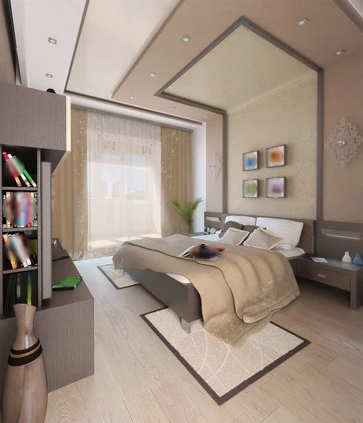 Desain interior gaya kamar tidur modern, render 3D — Stok Foto