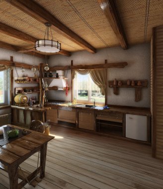 Ülke tarzı mutfak iç, 3d render