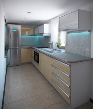 L-shaped minimalism kitchen interior, 3d render clipart