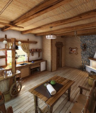 Ülke tarzı mutfak iç, 3d render