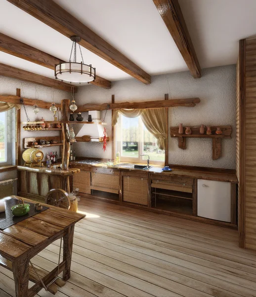 Kraju styl kuchnia wnętrz, 3d render — Zdjęcie stockowe