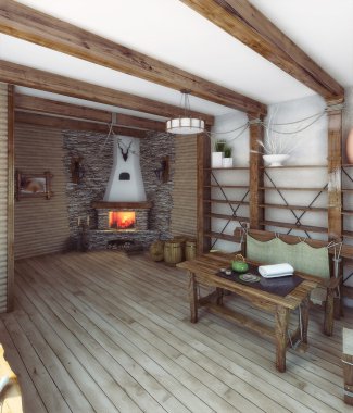 Ülke tarzı mutfak iç, 3d render