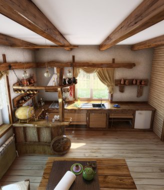 Ülke tarzı mutfak iç, 3d render