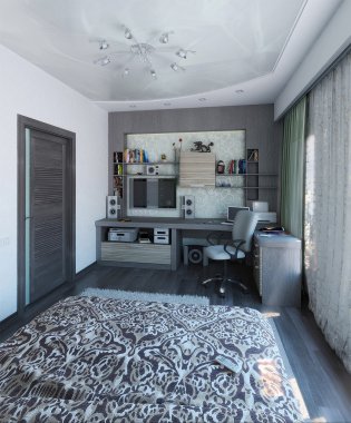Modern yatak odası iç tasarım, 3d render
