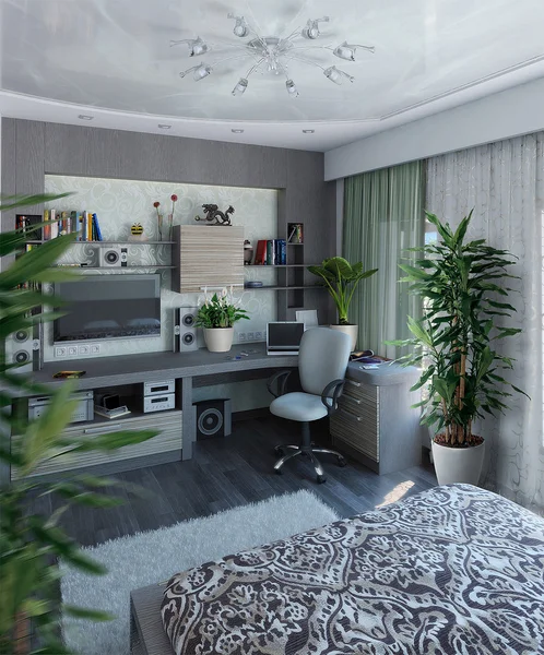 Modern yatak odası iç tasarım, 3d render — Stok fotoğraf