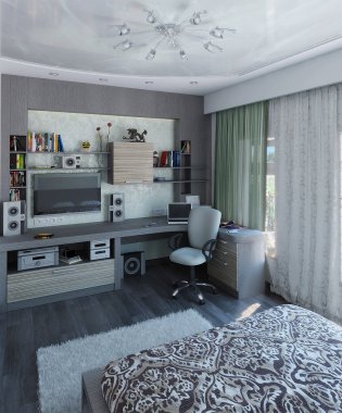 Modern yatak odası iç tasarım, 3d render