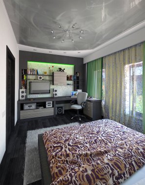 Modern yatak odası iç tasarım, 3d render