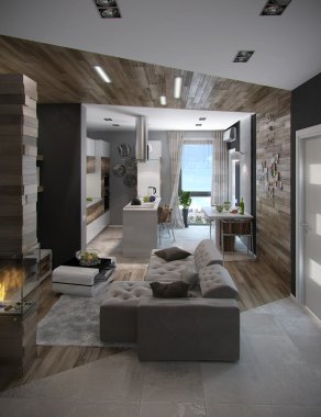 Açık kavram mutfak ve oturma odası, 3d Render