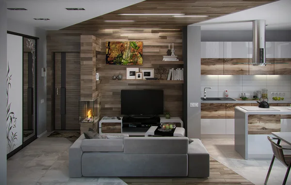 Açık kavram mutfak ve oturma odası, 3d Render