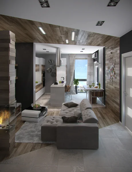 Cocina de concepto abierto y sala de estar, 3D Render —  Fotos de Stock