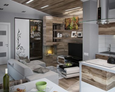 Açık kavram mutfak ve oturma odası, 3d Render