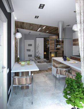 Açık kavram mutfak ve oturma odası, 3d Render