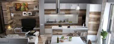 Açık kavram mutfak ve oturma odası, 3d Render