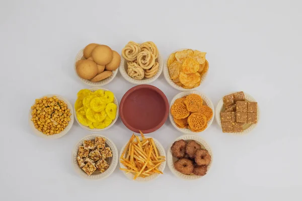 Snack Salati Tradizionali Indiani Diwali Prodotti Alimentari Lampada Vuota Uno — Foto Stock