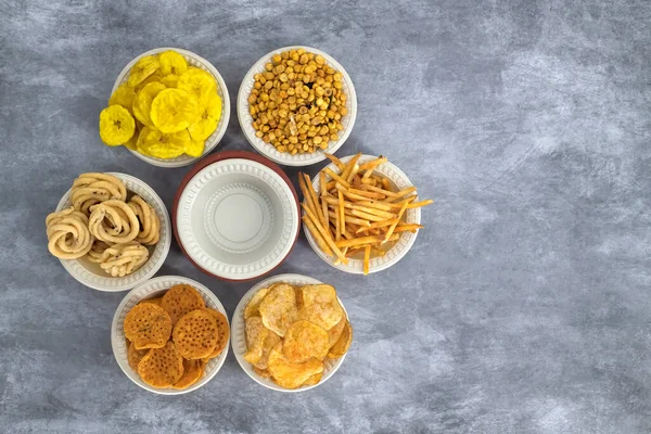 Traditional Indian Diwali Salty Snacks Sweets Foods Items Displayed Arranged — Fotografia de Stock