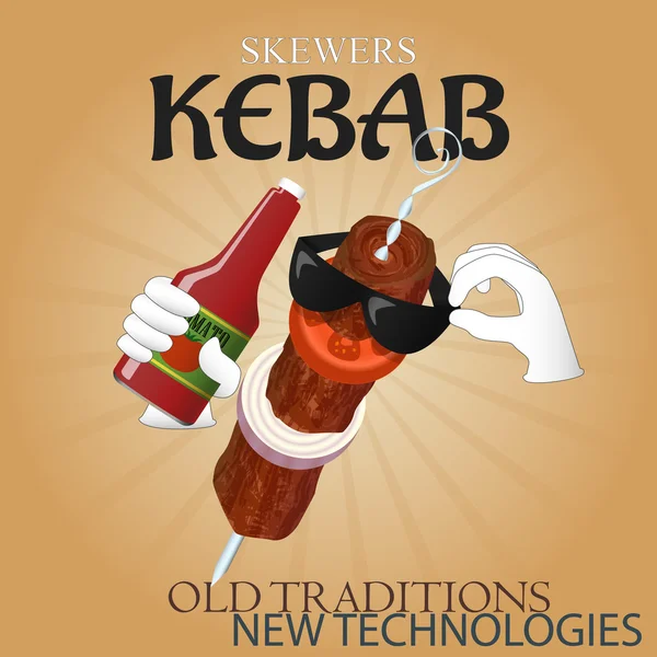 Espetos deliciosos kebab novas tecnologias cartaz AD —  Vetores de Stock