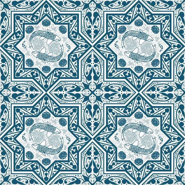 Арабский голубой бесшовный узор с рыбой и лотосом — стоковый вектор