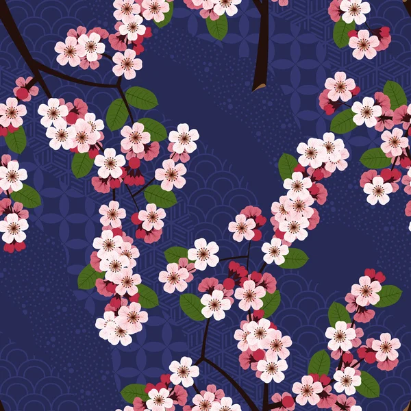 Seamless floral pattern with cherry sakura flowers on blue japanese background — Stock Vector