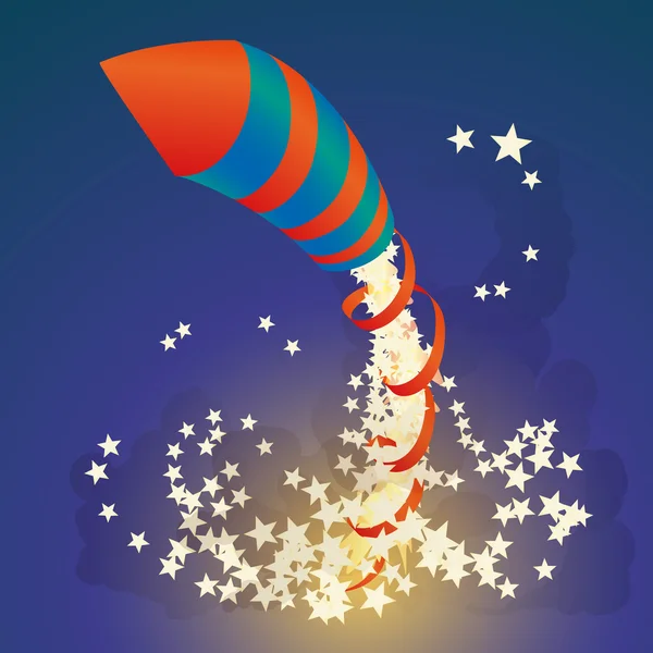 Flying firework rocket with a ribbon and stars in the night sky — Stock Vector