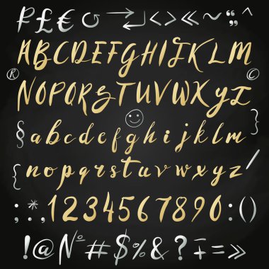 Altın Blob fırça vektör alfabe. Elle çizilmiş harfler ve simgeler