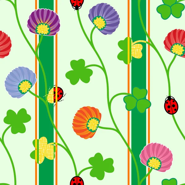 Patrón sin costuras con trébol verde trébol mariquitas y cintas Vector ilustración — Vector de stock