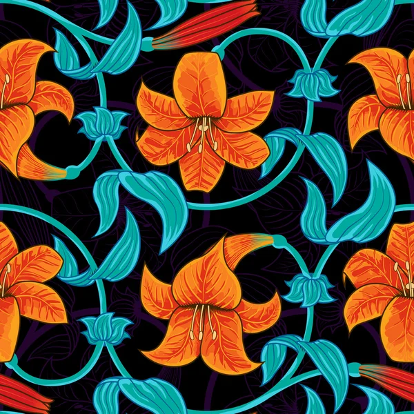 Vektor nahtloses Muster mit Lilienblüten auf dunklem Hintergrund. tropischer Sommer, strahlend blaue und orangefarbene Farben. — Stockvektor