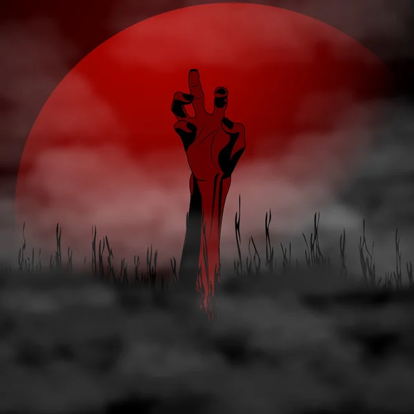 Illustration vectorielle Halloween main de zombie sur fond pleine lune de sang et brouillard — Image vectorielle