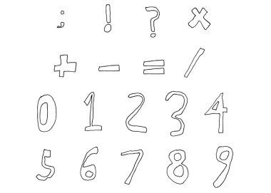 El çekilmiş çocuk sayıları ve temel matematik işaretleri çizgi konturu