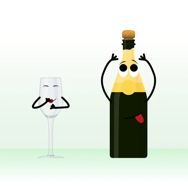 Een glas en een fles champagne vakantie illustratie met een hint te wachten — Stockvector
