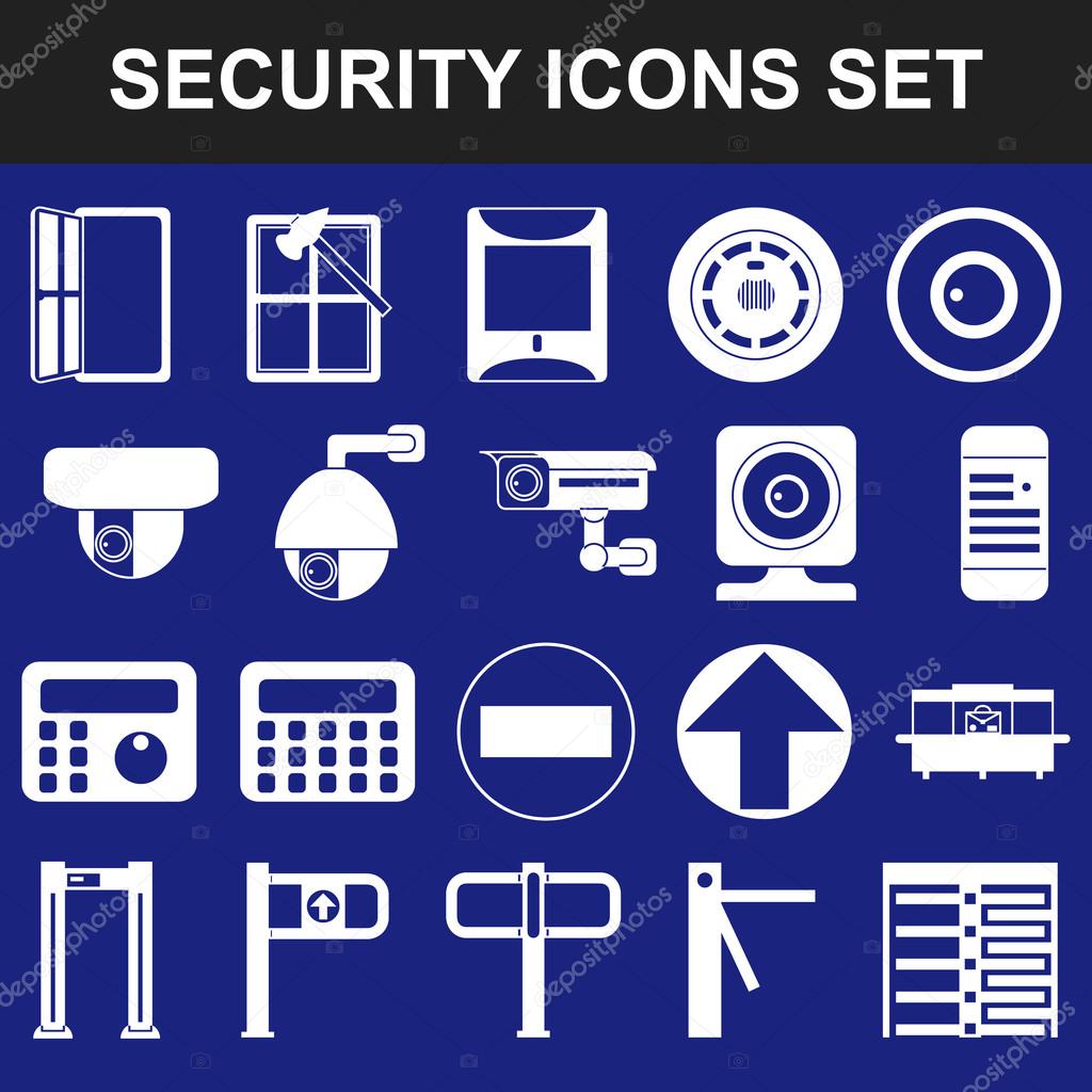 Video surveillance metal and alarm detectors turnstiles. Security icons set flat