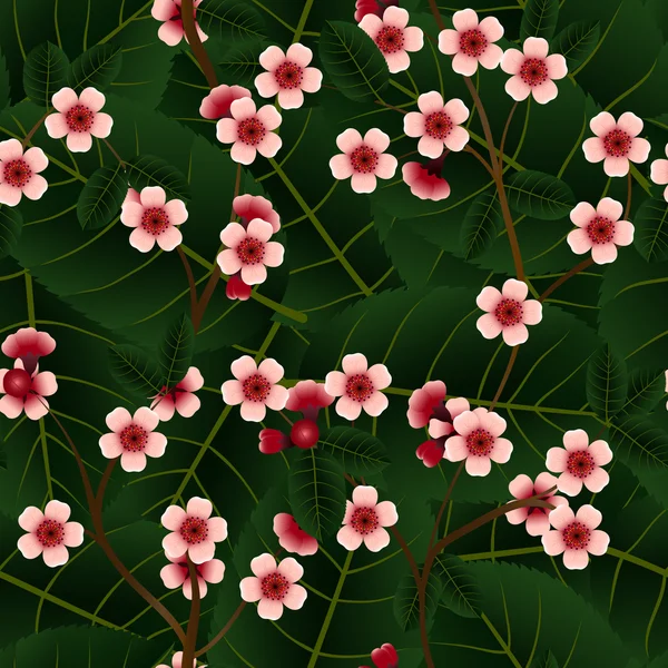 Motif sans couture avec des fleurs et des feuilles de cerisier rose — Image vectorielle