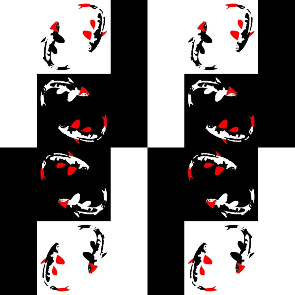 Motivo geometrico astratto senza cuciture su uno sfondo di scacchi con pesci — Vettoriale Stock