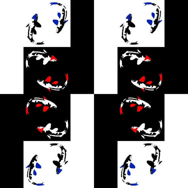Motivo geometrico astratto senza cuciture su uno sfondo di scacchi con pesci — Vettoriale Stock